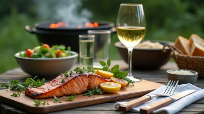 Rezeptidee BBQ und Wein Gegrillter Wildlachs auf Zedernholzbrett mit Chardonnay aus Niagara