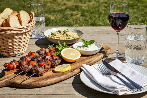BBQ-Rindfleischspieße mit Paprika & Zwiebel, serviert mit einem Wein aus Südafrika