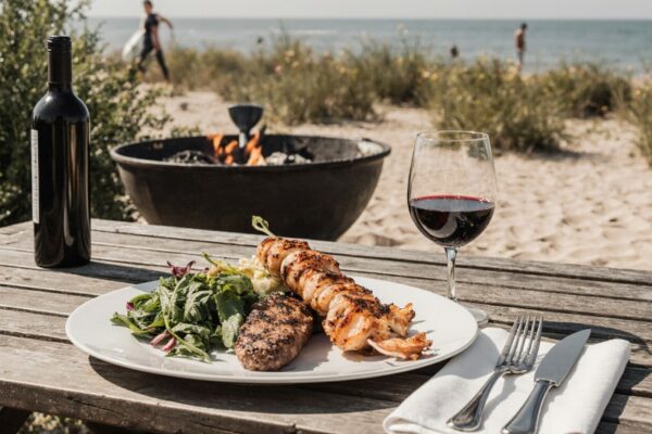 Surf-&-Turf-Spieße mit Garnelen und Rind serviert mit Wein aus Kanada