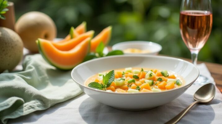 Wein aus Kanada, sommerliche Melonen-Gurkensuppe mit Minze, Gartentisch und Rosé