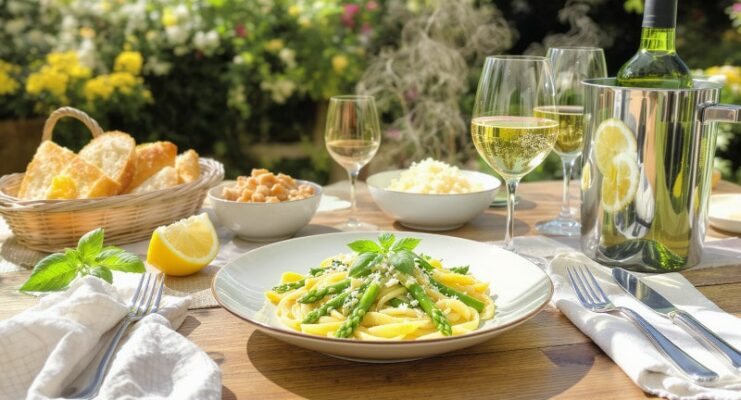 Wein aus Kanada, Spargel-Pasta mit Zitronenzeste und Basilikum, Sommergarten