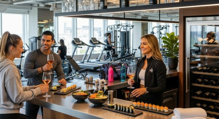 Sportliche Mitglieder entspannen im Barbereich eines modernen Fitnessstudios, trinken leichten Roséwein, essen gesunde Bowls; im Hintergrund sind Fitnessmaschinen wie Laufbänder sichtbar, urbane, exklusive Afterwork-Atmosphäre.
