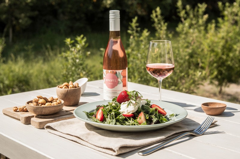 Wein aus Kanada, Wildkräutersalat mit Erdbeeren, Ziegenkäse & Nüssen, sommerliche Terrasse und Mindful Rosé aus Niagara Kanada