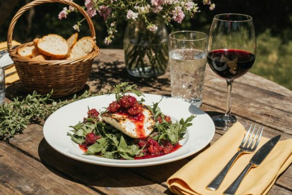 Wein aus Neuseeland, Wildkräutersalat mit gegrilltem Halloumi & Himbeervinaigrette