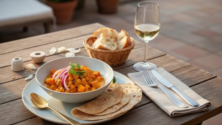 Kürbis-Kichererbsen-Curry mit Sauvignon Blanc aus Australien, serviert im Terrassensetting mit herbstlicher Tischdeko