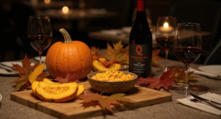 Kürbis Vielfalt in moderner Küche, herbstlich gedeckter Tisch