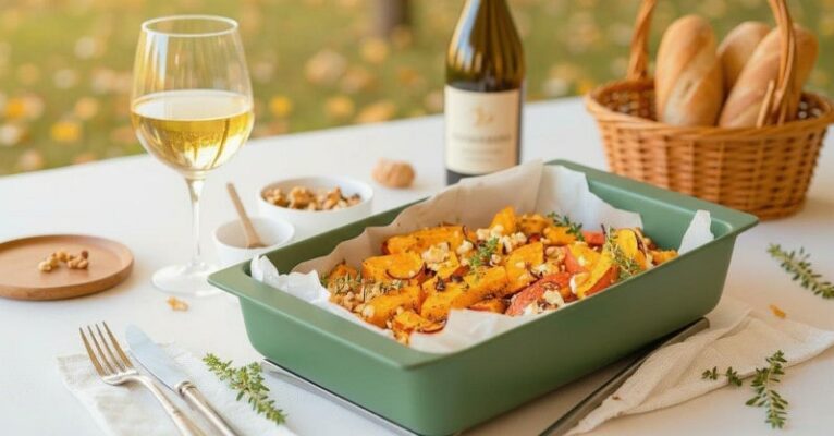 Wein aus Neuseeland, Ofenkürbis mit Feta und Walnüssen, herbstlicher Tisch