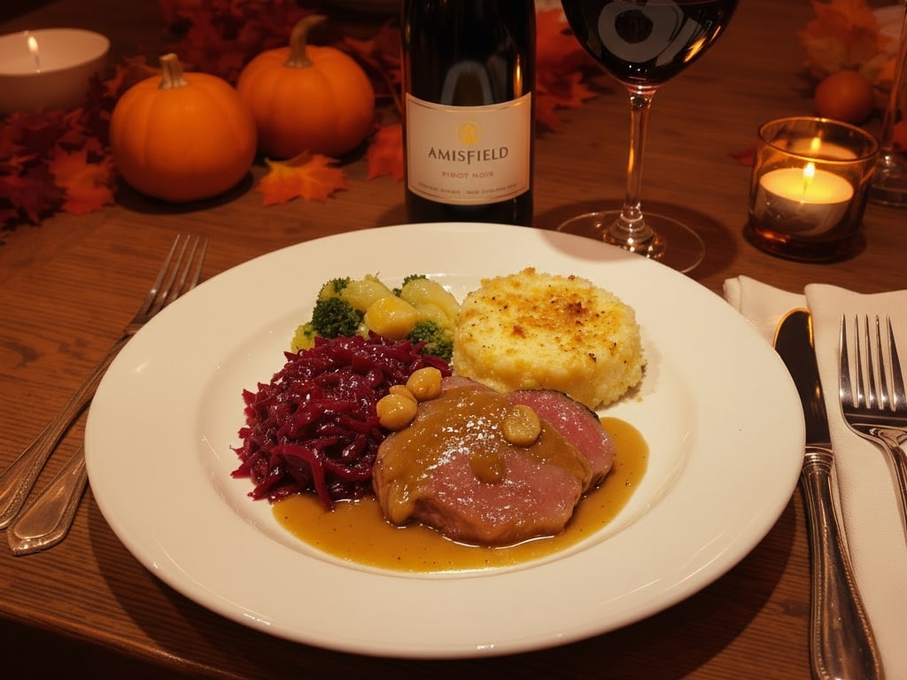 Rehrücken mit Maronen und Rotkohl, serviert mit Pinot Noir aus Neuseeland