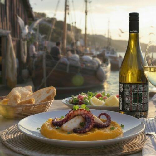 Karamellisierter Pulpo mit Kürbiscreme, serviert mit Grenache Blanc aus Australien