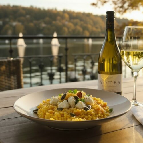 Kürbisrisotto mit Ziegenfrischkäse und Salzzitrone, serviert mit Sauvignon Blanc Aotea aus Nelson Neuseeland