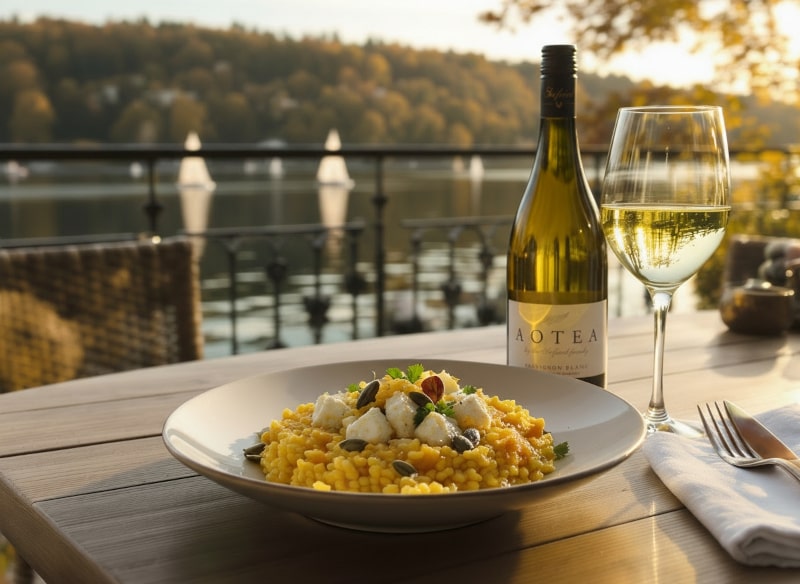 Kürbisrisotto mit Ziegenfrischkäse und Salzzitrone, serviert mit Sauvignon Blanc Aotea aus Nelson Neuseeland