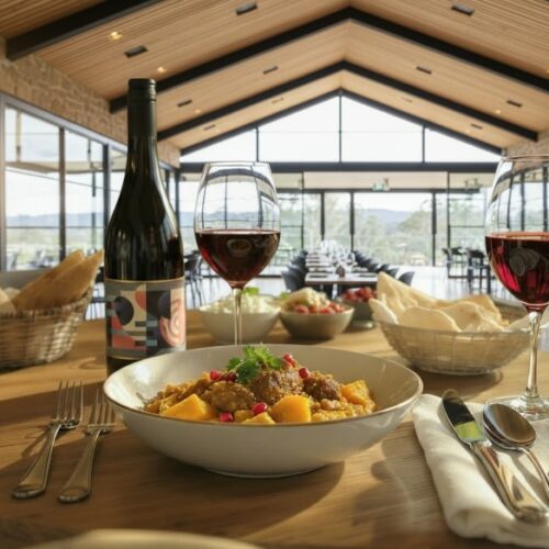 Lammcurry mit roten Linsen & Süßkartoffel auf Terrasse mit Blick auf Adelaide Hills – Wein aus Australien