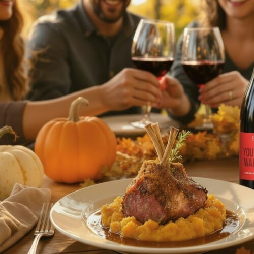 Lammkarree mit Kürbiskruste, Thymianjus & Pastinakenpüree, serviert mit Rotwein aus Australien