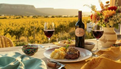 Lammrückenfilet mit Steinpilzkruste, Kürbis-Kartoffel-Gratin & Rotweinjus, serviert mit Wein aus Südafrika