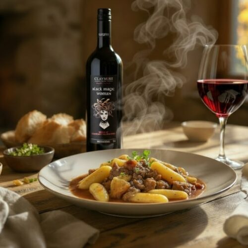 Wildschweinragout mit Pflaumen, Thymian und Schupfnudeln mit Wein aus Australien