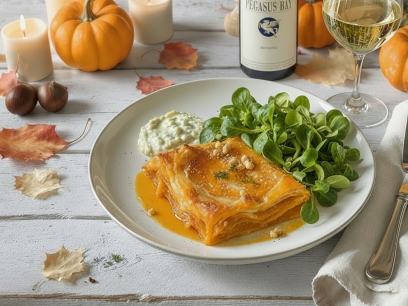 Kürbisstrudel mit Ziegenkäse & Walnüssen, serviert mit Riesling aus Neuseeland