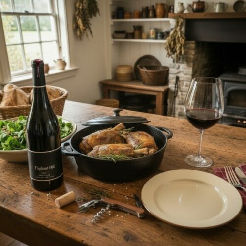 Geschmorte Lammhaxe, Polenta, Granatapfeljus & Wurzelgemüse mit Wein aus Neuseeland