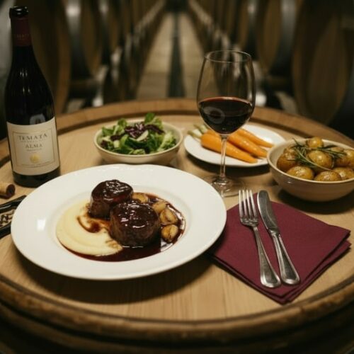 Kalbsbäckchen mit Bohnenpüree und Glas Pinot Noir Wein aus Neuseeland