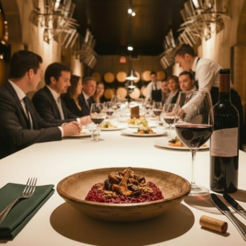 Rote-Bete-Risotto mit Pilzen und Glas Pillitteris Cabernet Franc Wein aus Niagara Kanada