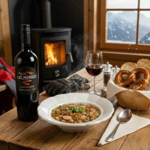 Rustikaler Holztisch in einer Alpen-Skihütte mit einer dampfenden Schüssel Linsensuppe, Brotkorb mit Bauernbrot und Brezeln, Glas Rotwein, Ski-Handschuhen und Blick auf verschneite Berge durch das Fenster.