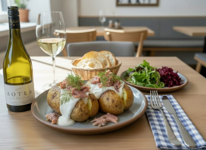 Gefüllte Ofenkartoffel mit Räucherforelle und einem Glas Wein aus Neuseeland von Cellardoor24.