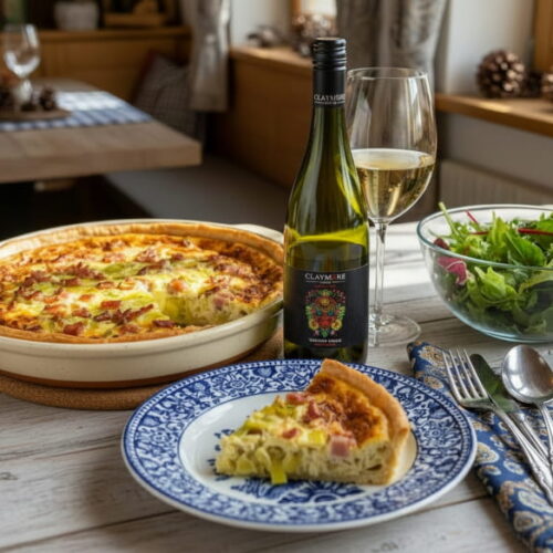 Herzhafte Lauch-Quiche serviert mit einem Glas Wein aus Australien von Cellardoor24.