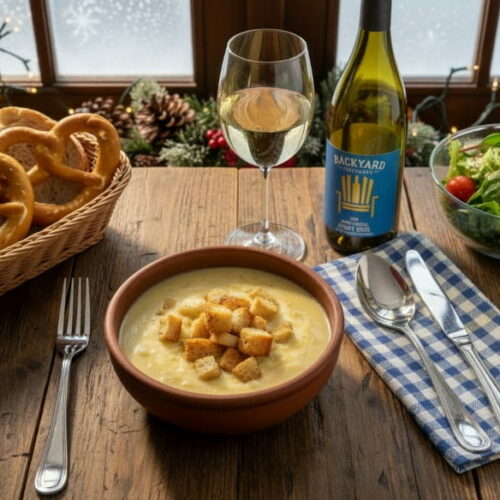 Cremige Käsesuppe mit Lauch und Croûtons neben einem Glas Wein aus Kanada.