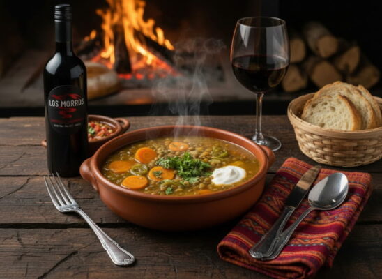 Chilenische Linsensuppe Lentejas in einer Schale neben einem Glas Rotwein, der ideale Wein aus Chile von Cellardoor24.
