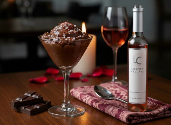 Dunkle Schokoladen-Mousse mit Chili und ein Glas roter Wein aus Kanada von Cellardoor24.