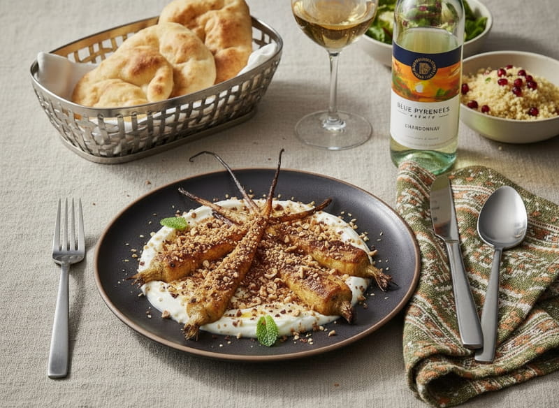 ebackene Petersilienwurzel mit Haselnuss-Dukkah auf Zitronen-Joghurt neben einem Glas Chardonnay, der ideale Wein aus Australien von Cellardoor24.