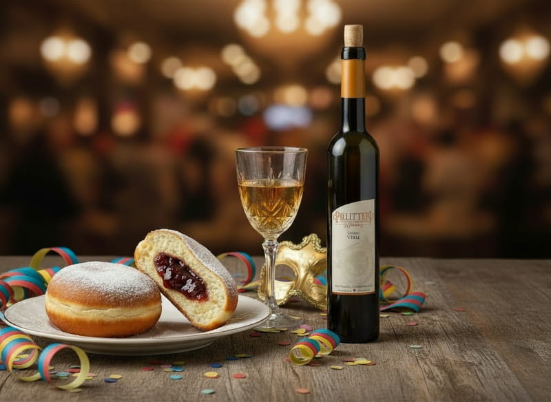 Hausgemachte Berliner mit Puderzucker und ein Glas Eiswein, der ideale Wein aus Kanada von Cellardoor24.