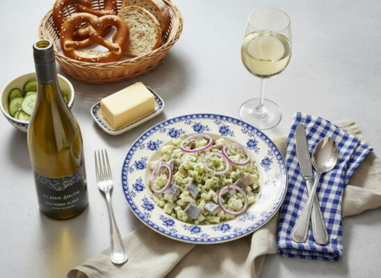 Matjessalat Hausfrauenart mit Apfel und Zwiebeln neben einem Glas Sauvignon Blanc, der ideale Wein aus Neuseeland von Cellardoor24.