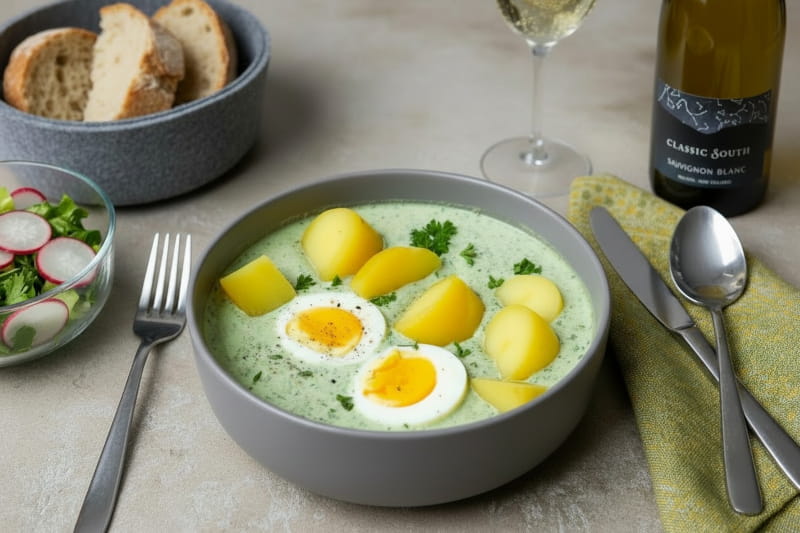 Frankfurter Grüne Sauce mit Bio-Eiern und neuen Kartoffeln neben einem Glas Sauvignon Blanc, der ideale Wein aus Neuseeland von Cellardoor24.