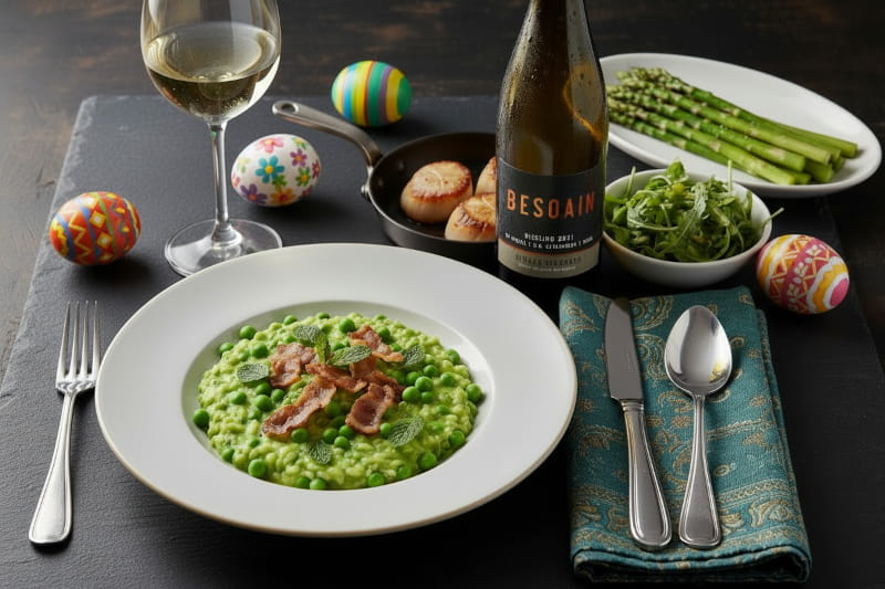 Cremiges grünes Erbsenrisotto mit Minze und knusprigem Speck neben einem Glas Weißwein, der ideale Wein aus Chile von Cellardoor24.