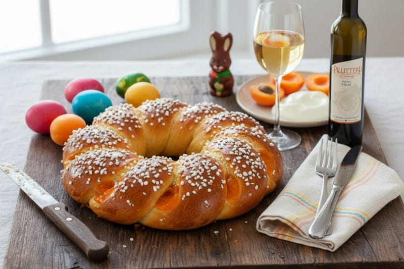 Goldbrauner Osterkranz mit Marillenfüllung und Hagelzucker, kombiniert mit edelsüßem Wein aus Kanada von Cellardoor24.
