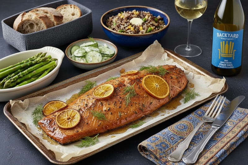 Ganze Lachsseite mit Orangen-Dill-Glasur neben einem Glas Pinot Gris, der ideale Wein aus Kanada von Cellardoor24.