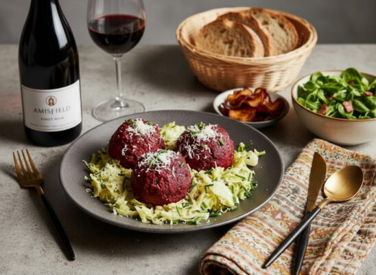 Gebackene Rote-Bete-Knödel auf Meerrettich-Wirsing neben einem Glas Pinot Noir, der ideale Wein aus Neuseeland von Cellardoor24.