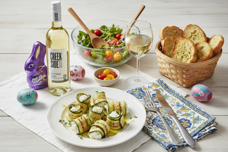 Mediterrane Zucchini-Röllchen mit Ricotta-Füllung neben einem Glas Weißwein, der ideale Wein aus Kanada von Cellardoor24.