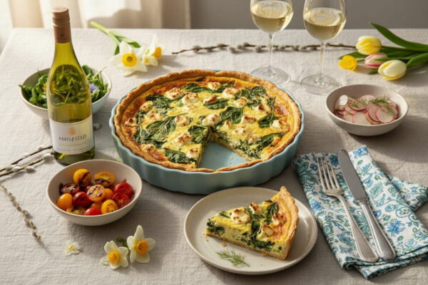 Goldbraune Spinat-Feta-Quiche neben einem Glas Sauvignon Blanc, der ideale Wein aus Neuseeland von Cellardoor24.