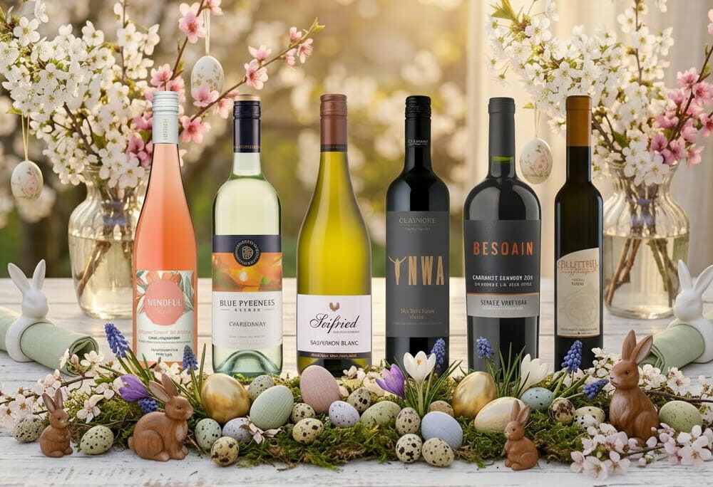 Exklusives Weinpaket zu Ostern 2026 mit sechs Flaschen: Diamond Estate Rosé, Blue Pyrenees Chardonnay, Seifried Sauvignon Blanc, Claymore Shiraz, Besoain Cabernet Sauvignon und Pillitteri Icewine, dekoriert mit Ostereiern und Frühlingsblüten.