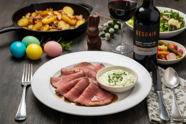 Zartes rosa Roastbeef mit Remouladensauce neben einem Glas Cabernet Sauvignon, der ideale Wein aus Chile von Cellardoor24.