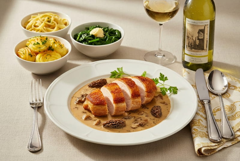 Knusprige Maishähnchenbrust auf Morchelrahmsauce neben einem Glas Chardonnay, der ideale Wein aus Australien von Cellardoor24.