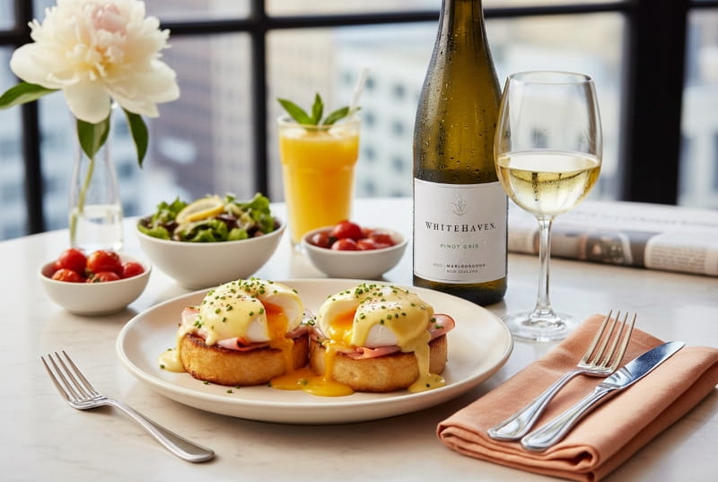 Eggs Benedict auf goldbraun geröstetem Brioche mit Sauce Hollandaise und frischem Schnittlauch, dazu ein elegantes leicht beschlagenes Weißweinglas mit Pinot Gris