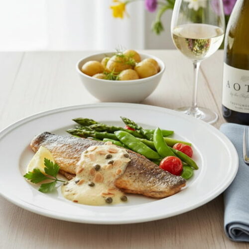 Gebratenes Forellenfilet mit schäumender Mandelbutter, Kapern und grünem Frühlingsgemüse auf einem weißen Teller, daneben ein Glas neuseeländischer Seifried Aotea Nelson Sauvignon Blanc