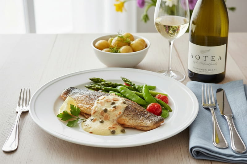 Gebratenes Forellenfilet mit schäumender Mandelbutter, Kapern und grünem Frühlingsgemüse auf einem weißen Teller, daneben ein Glas neuseeländischer Seifried Aotea Nelson Sauvignon Blanc