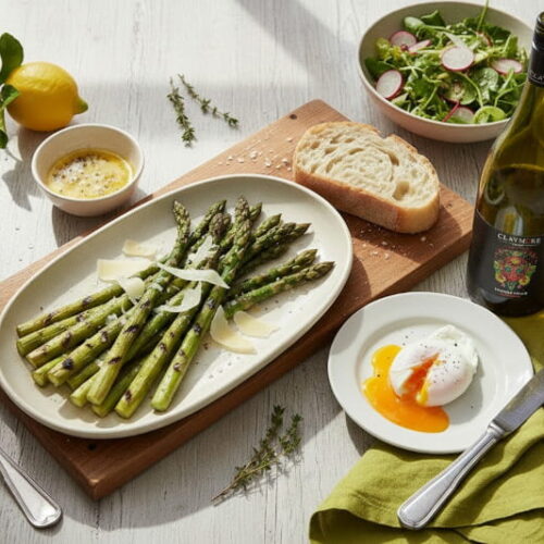 Gegrillter grüner Spargel mit Trüffelbutter und Parmesanspänen auf einer Keramikplatte, daneben ein Glas Chardonnay Claymore Voodoo Child aus den Adelaide Hills, South Australia