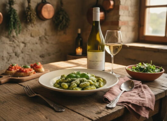 Gnocchi al Pesto Genovese mit grünen Bohnen in Butter auf einem tiefen weißen Teller, garniert mit Parmesan und Basilikum, daneben ein elegantes schlankes Weißweinglas mit Pinot Gris Mansion House Bay aus Marlborough, Neuseeland, leicht beschlagen.