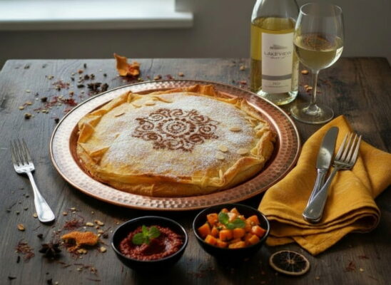 Marokkanische Hühnchen-Bastilla auf einer Servierplatte, mit Puderzucker und Zimt bestäubt, daneben ein elegantes schlankes Weißweinglas mit Viognier Lakeview Wine Co. aus der Niagara Peninsula VQA, Ontario, Kanada, leicht beschlagen.