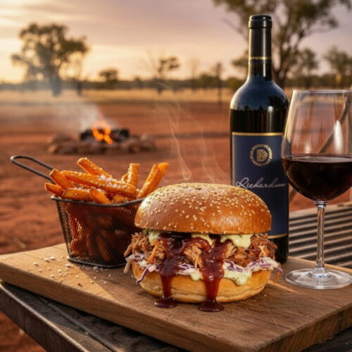 Pulled Pork Burger mit Coleslaw und Jalapeño-Mayo auf einem Holzbrett, daneben ein elegantes bauchiges Rotweinglas mit Shiraz Richardson Blue Pyrenees Estate aus den Pyrenees, Victoria, Australien.