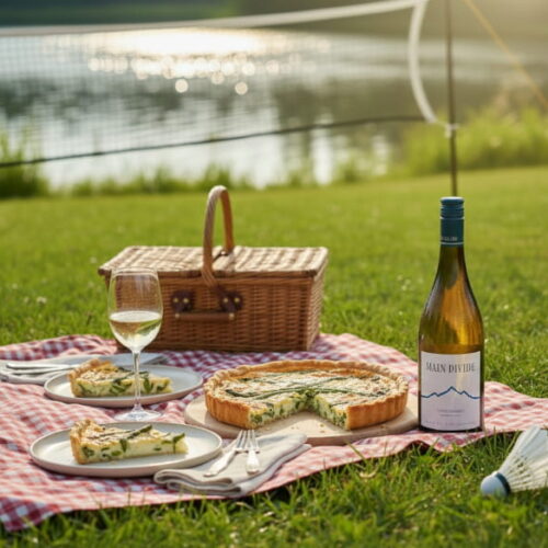 Spargelquiche mit Bärlauchfülle auf rot karierter Picknickdecke am See, daneben ein Glas hellgoldener Chardonnay, Main Divide Flasche und Picknickkorb, Badminton-Netz im Hintergrund, weißer Federball im Gras – Wein aus Neuseeland zum Sommerpicknick